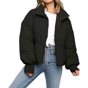 〽️Womens Black Winter Cropped Puffer Casual Quilted Baggy Zip Down Jacket